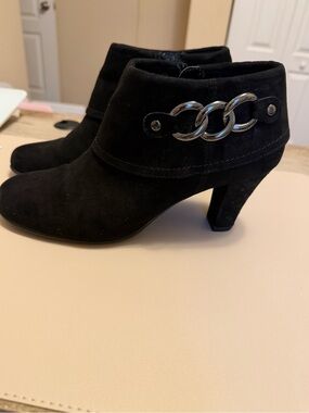 Black Suede Ankle Booties with Silver Chain Accent